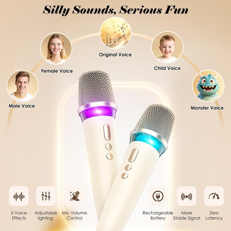 Hinastar Karaoke Machine with 2 Wireless Mics & Soft Leather Wrap |mini Portable Bluetooth Speaker with 5 Voice Changer Modes for Home Party, AUX/USB/TF Support, for Kids and Adults - Image 4